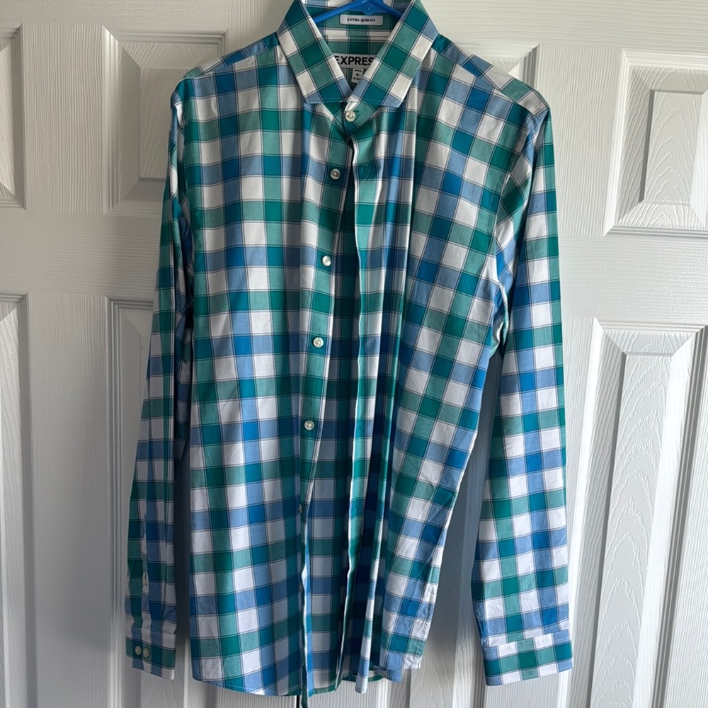 EXPRESS- Men's Blue and Green Plaid Shirt- L